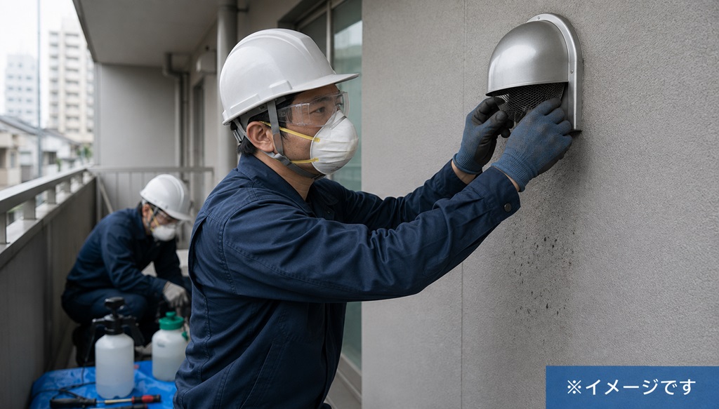マンション3階の換気口コウモリ駆除の作業イメージ