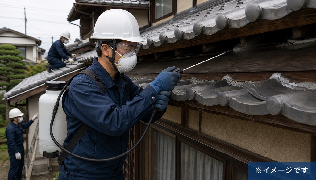 日本家屋での瓦屋根コウモリ防除の作業イメージ