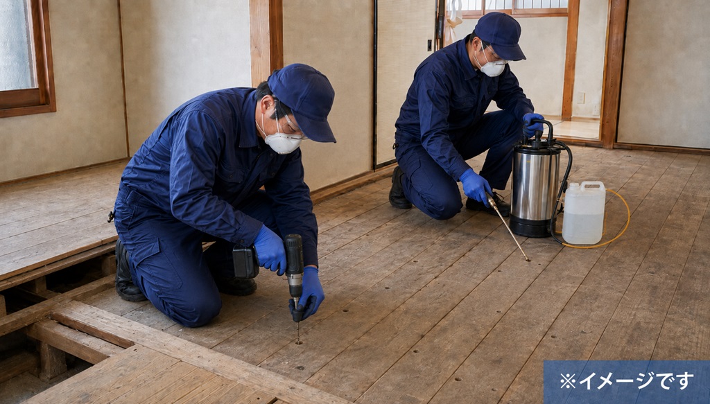 和室の畳下に発生したシロアリ駆除の作業イメージ