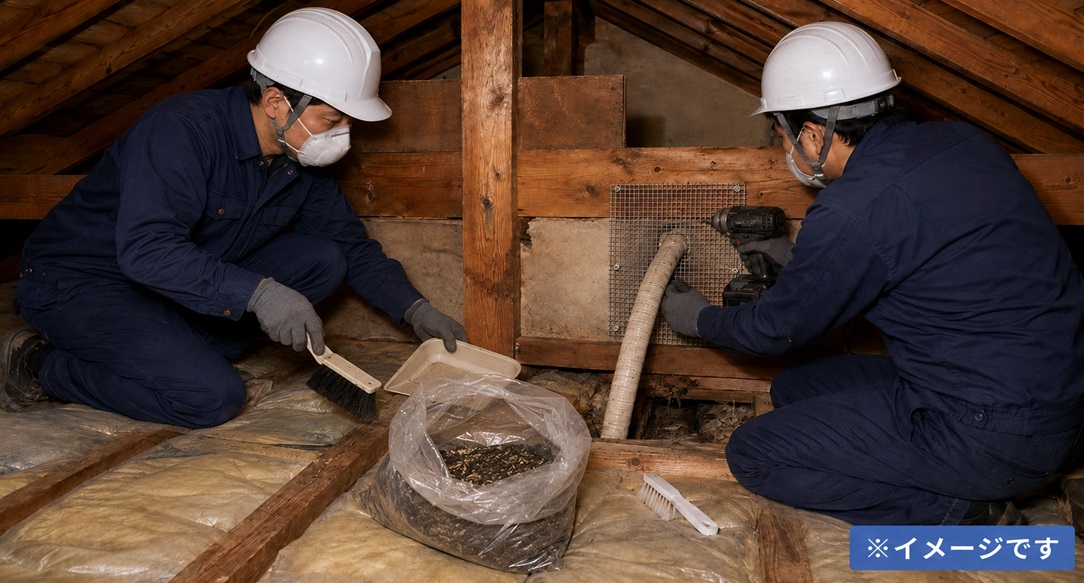天井裏のイタチ追い出しと隙間封鎖の作業イメージ